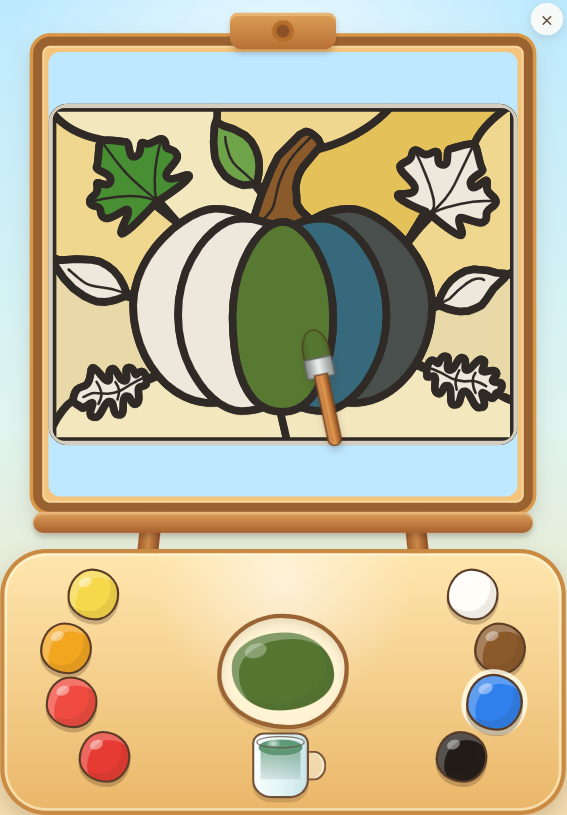 Little Hue Studio gameplay showing the stained-glass pumpkin painting activity and color palette.
