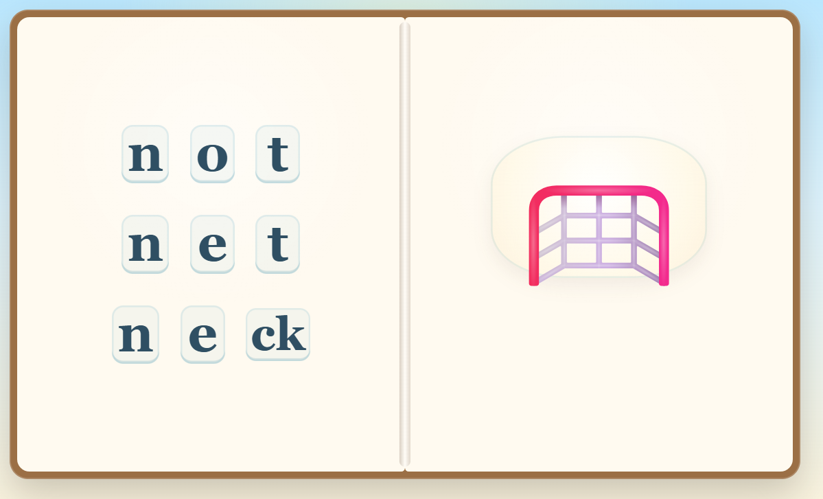 Wordplay Workshop gameplay showing an open-book word-choice activity with three candidate words and a picture prompt.